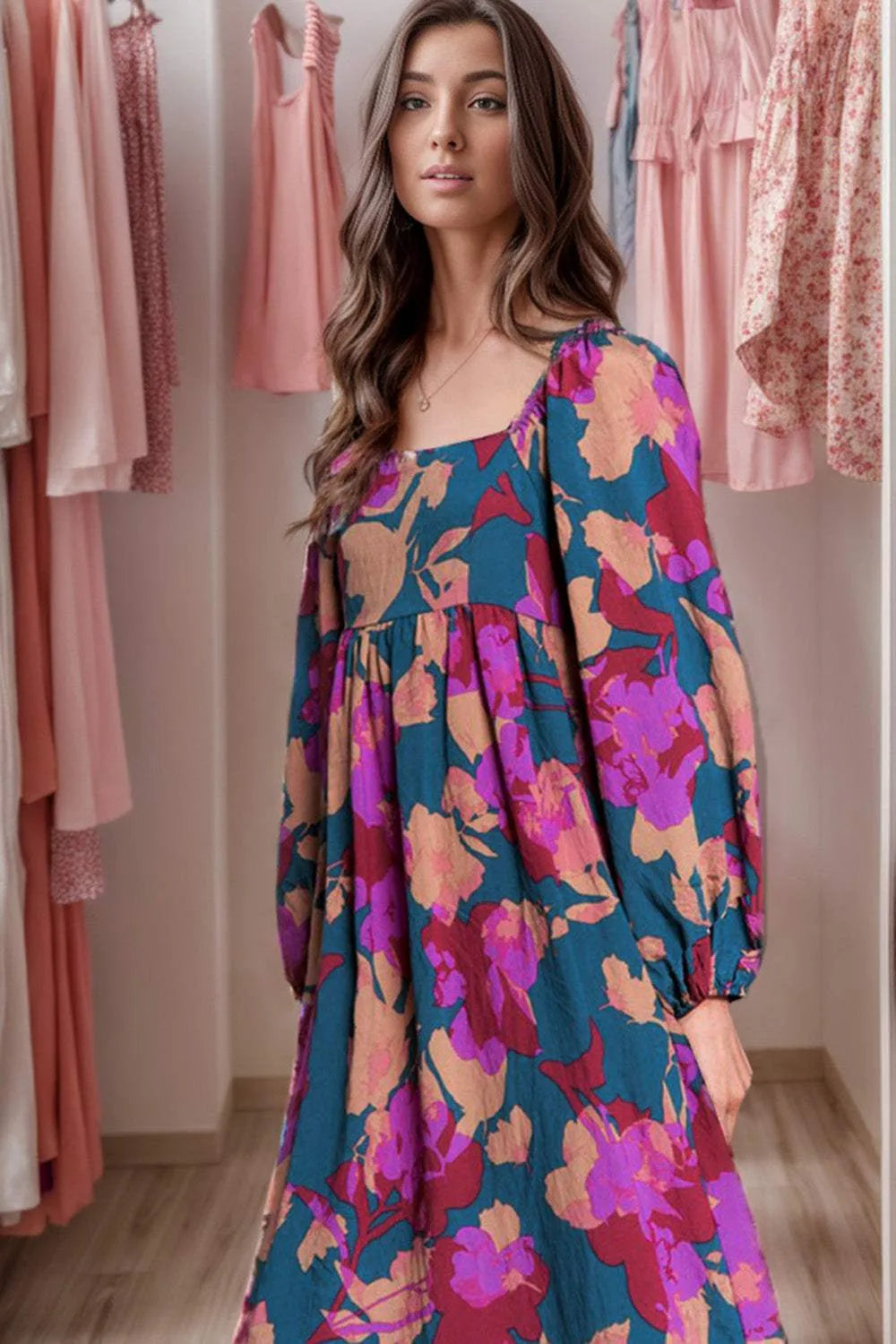 Square Neck Balloon Sleeve Midi Dress Casual Dresses - Tophatter Daily Deals
